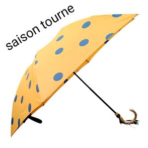 saison tourne セゾントルヌ タッセル プレートロゴ イエロー ドット 折りたたみ傘 晴雨兼用 バンブー ハンドル