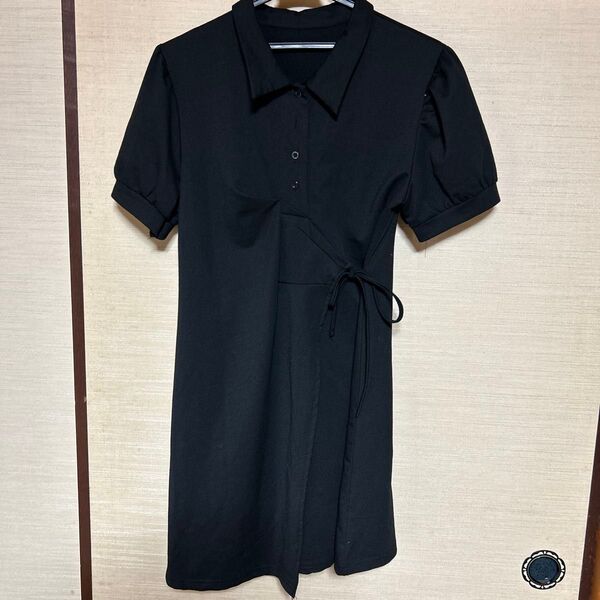 黒ワンピース リボン付き 襟付き シンプル