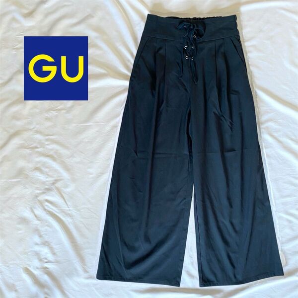【美品】GU ハイウエストワイドパンツ ネイビー リボン デザインパンツ ギャザー バギーパンツ