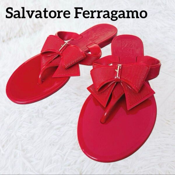 Salvatore Ferragamo フェラガモ ラバーサンダル ビーチ ビニール リボン ゴールド 赤 7 24.5 25