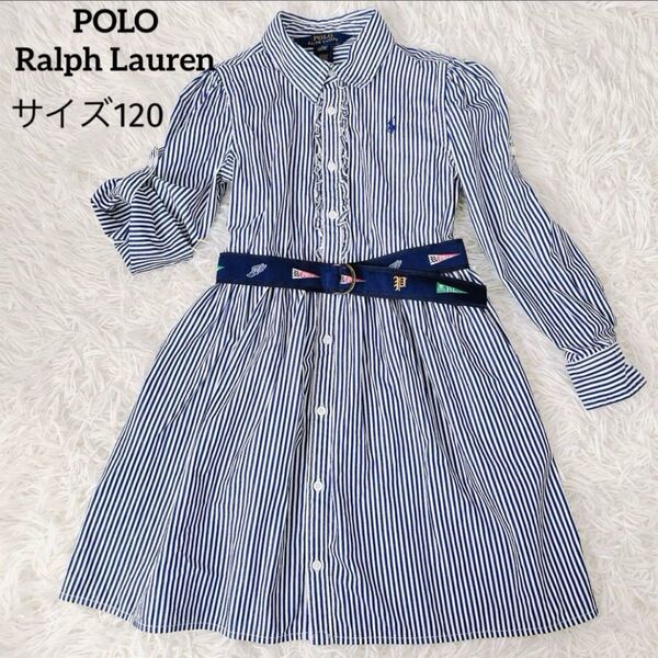 POLO Ralph Lauren ポロラルフローレン シャツワンピース 膝丈 襟付き フリル 半袖 紺 白 刺繍 ベルト 120
