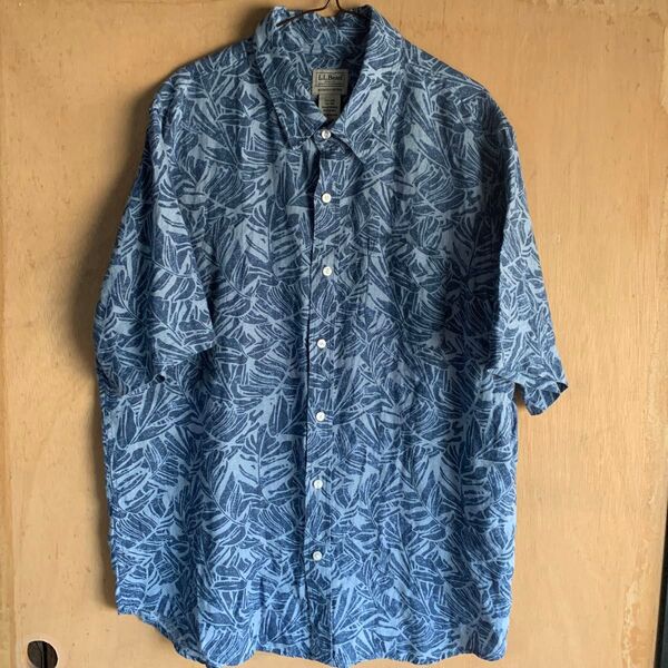 L.L.Bean 半袖アロハシャツ メンズ 青系 リーフ柄 Lサイズ