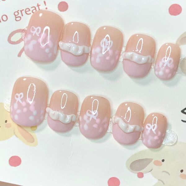 525 現品ネイルチップ Sサイズ 親指長さ15mm ハンドメイド フレンチぷっくりレースニュアンスちゅるん量産型ワンホンゆめかわ