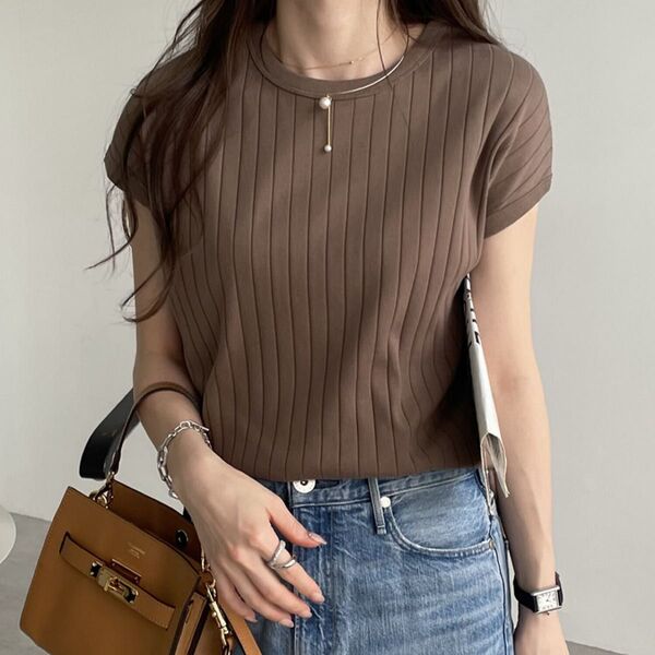 ※値下げ不可 and me コットン ワイドリブ フレンチスリーブ トップス レディース Tシャツ 半袖トップス ブラウン L