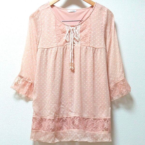 トップス (M) 七分袖 (ドット柄) 春 夏 可愛い ピンク レース プルオーバー レディース ファッション ブラウス
