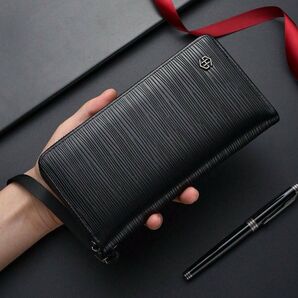スタイリッシュ レザー製 大容量 デイリー メンズ ロングウォレット 長財布 ジッパー ビジネス お洒落 ブラック 黒865973