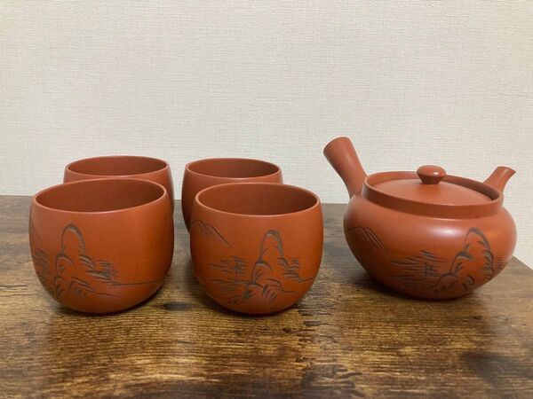 常滑焼 山水彫朱泥茶器セット 作山窯 急須 湯呑 茶器揃