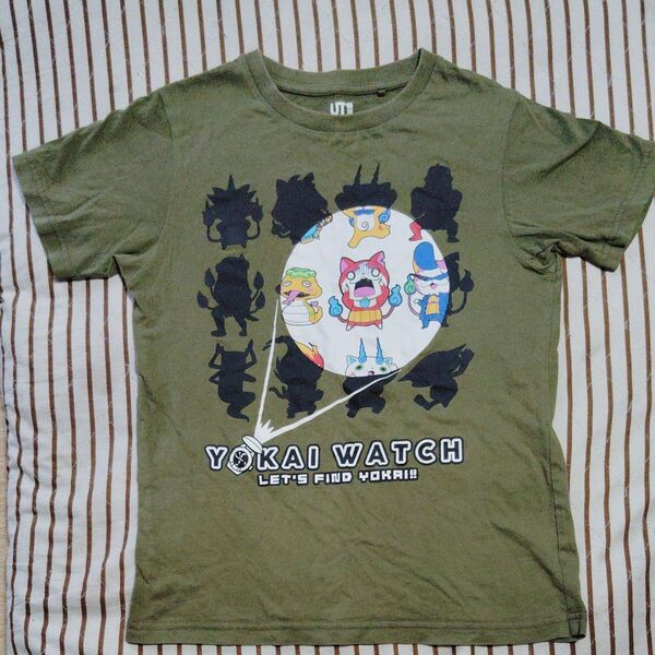 【USED品】☆お子様の普段使いに最適☆ボーイズ 半袖シャツ Tシャツ 140cmサイズ 妖怪ウォッチ カーキ色 UNIQLO