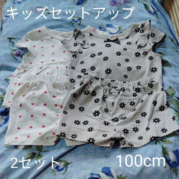 【新品未使用】☆洗い替えにも便利☆半袖シャツ+パンツセット 100cmサイズ キッズ ベビー 花柄 ハート柄 Tシャツ