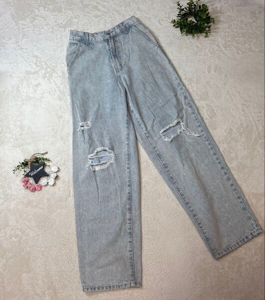 美品 【NAVY】《S》 ダメージジーンズ デニムパンツ ライトブルー ハイウエスト