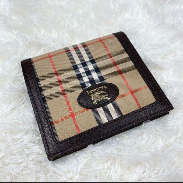 【美品】バーバリー 二つ折り財布 ノバチェック シャドウホース ホースロゴ BURBERRY チェック柄 レザー ブランドロゴ