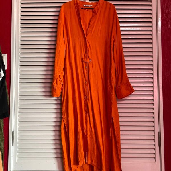 美品 ZARA 綺麗なオレンジ ワンピース シャツ リネン リズレー リプシム ロング マルニ ザラ 高身長