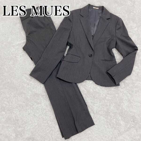 LES MUES 青木 アオキ サマースーツ ストライプ グレー ストレッチ ML セットアップ パンツスーツ テーラード