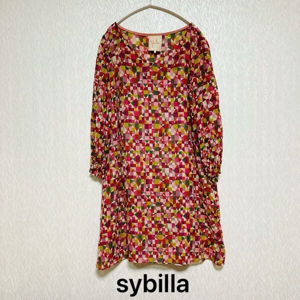 sybillaシビラ レディース シルク コットン 総柄 華やか 長袖 ワンピース チュニック Mサイズ