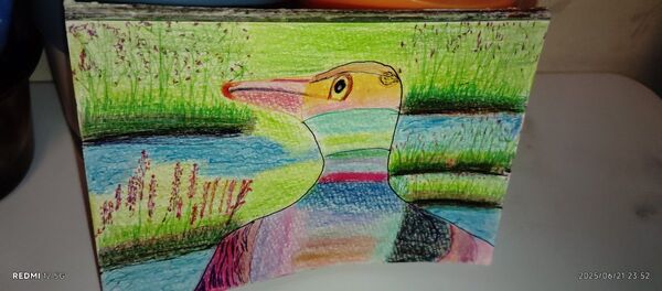 手描きの絵画作品 カラフルな鳥と水辺の風景