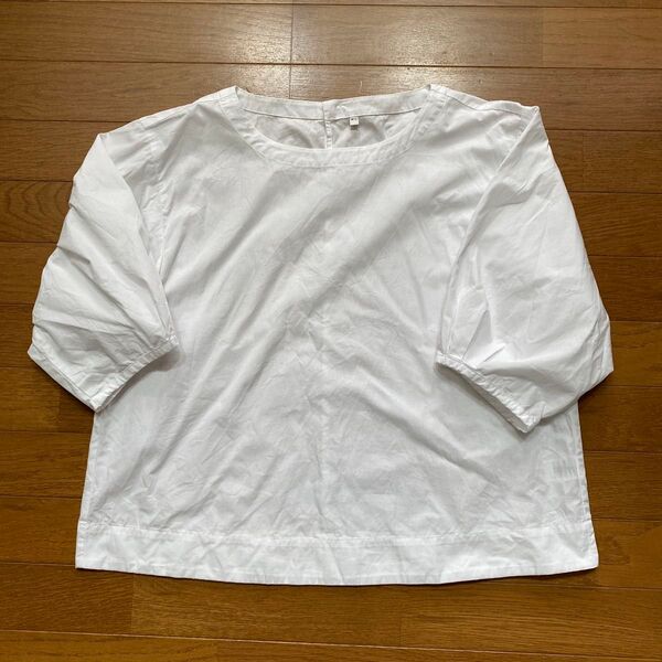 中古 無印良品 コットン白ブラウス スモックシャツ 綿シャツ M〜L