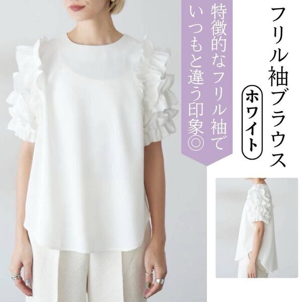 【残り3点】フリル袖 ブラウス ホワイト 半袖 トップス 袖コンシャス ボリューム袖 上品