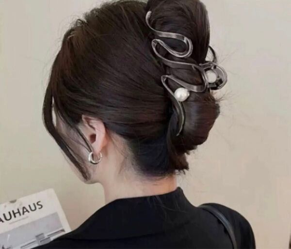 バレッタ ヘアクリップ シンプルパール韓国髪留めまとめ髪シルバーブラック 黒着物和装 新品バンスクリップ ヘアアクセサリー
