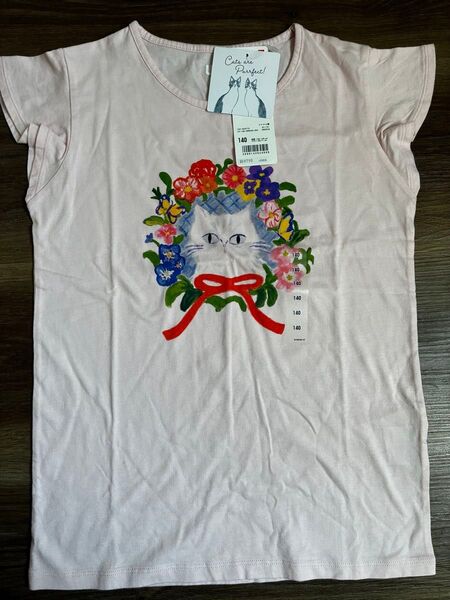 ユニクロ キャット柄Tシャツ ピンク 140 新品未使用タグ付き