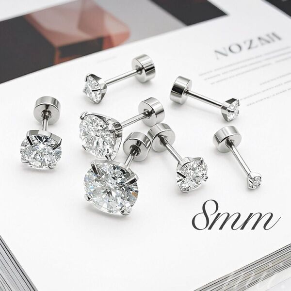 8mm ダイヤ柄 ダイヤ風 ピアス AAA 3A ジルコン シルバー ステンレス 両耳 スタッドピアス 20G