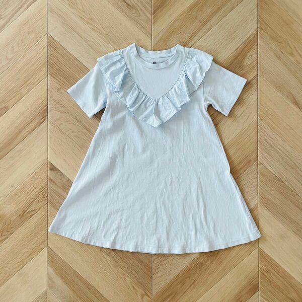 H&M エイチアンドエム フリル半袖ワンピース 98/104 ブルー 100cm