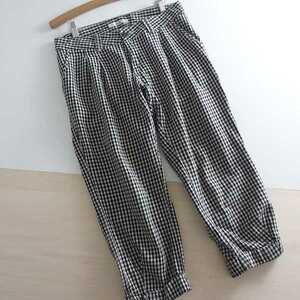  spring summer free shipping *shuca* glow bar Work cotton flax cropped pants check pants M!
