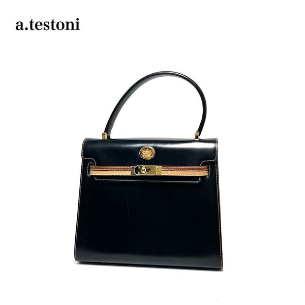 【良品】a.testoni テストーニ ITALY製/ゴールド金具/カーフレザー/ターンロック式 ベルトデザイン/ ハンドバッグ