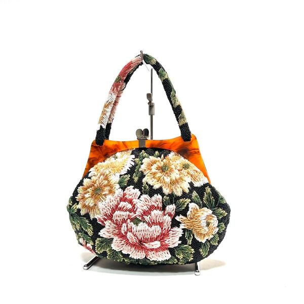 【美品】ビーズ総刺繍/花柄 ボタニカル柄/べっ甲調/口枠 がま口/ハンドバッグ 和装バッグ ビーズバッグ