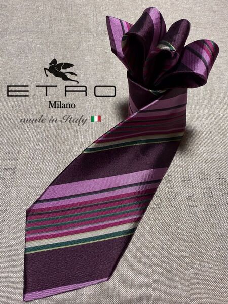 ETRO/エトロ/シルクマルチストライプタイ/パープル/グリーン/Italy製