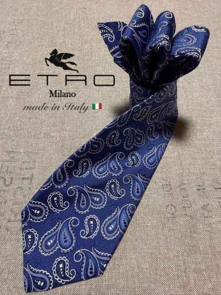 ETRO/エトロ/ペイズリージャガードタイ/ブルー/シルバー/Italy製