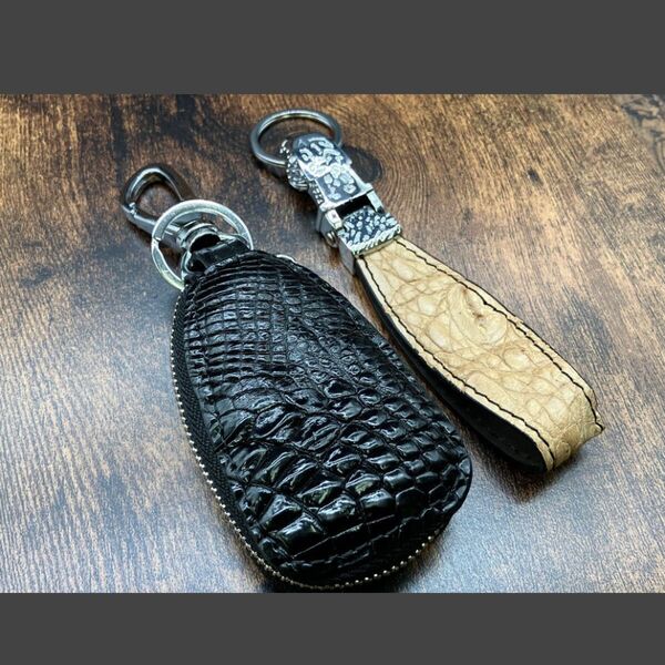 綺麗 2点セットクロコダイル キーケース 本物 ワニ革 鍵入れ 鰐皮 フック スマートキーケース キーホルダー ブラック