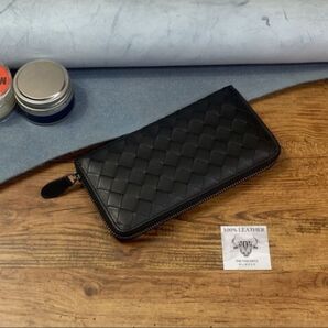イントレチャート 編み込み メンズ財布 長財布 ラウンドファスナー 新品 送料無料 未使用 1円 本革 牛革 ロングウォレット 黒