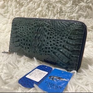 【極美品☆入手困難】カイマンクロコダイル 長財布 ラウンドファスナー ワニ革レザー メンズ レディース エメラルドブルーグリーン