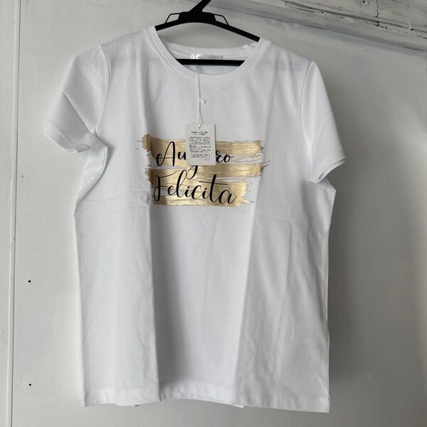 新品未使用 タグ付き Tシャツ カットソー 半袖 Mサイズ レディース トップス 春夏 ロゴT ホワイト ゴールド