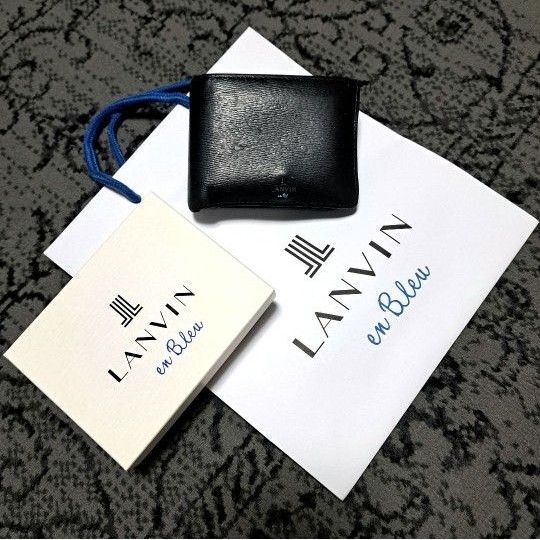 LANVIN en Bleuランバンオンブルーブラック黒二つ折り財布メンズ男性箱袋有 本革レザー小銭入れブランドブルー青