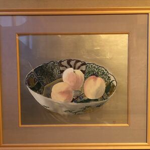 小倉遊亀　おぐらゆき　リトグラフ　「桃と鉢」　花と果物より　シリアルナンバー、証明書あり　日本画 真作