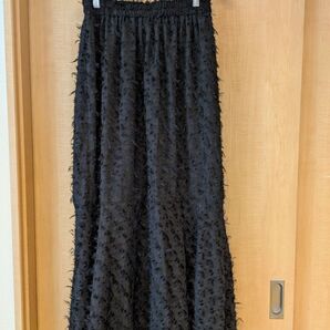 【for/c】フリンジ ジャガードスカート ロング丈 フレアスカート シアー 黒 ブラック LL
