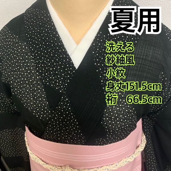 568◆趣味の着物集い◆夏用 洗える 紗小紋 黒地に大小霰