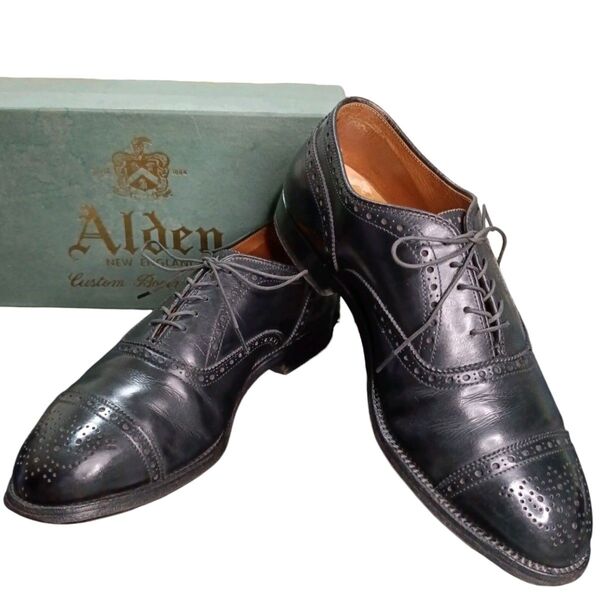 ALDEN オールデン ブラックカーフ セミブローグ パンチドキャップトゥ ストレートチップ 内羽根 英国製 ビジネスシューズ 黒