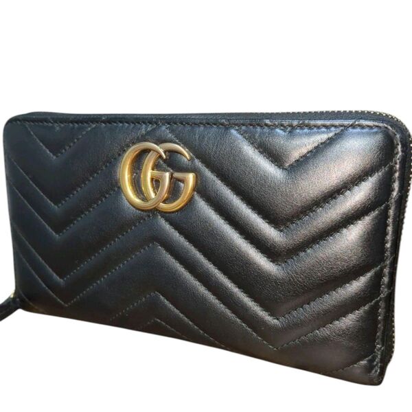GUCCI グッチ オールレザー GGマーモント オーガナイザー キルティング ラウンドファスナー ラウンドジップ 黒 ブラック