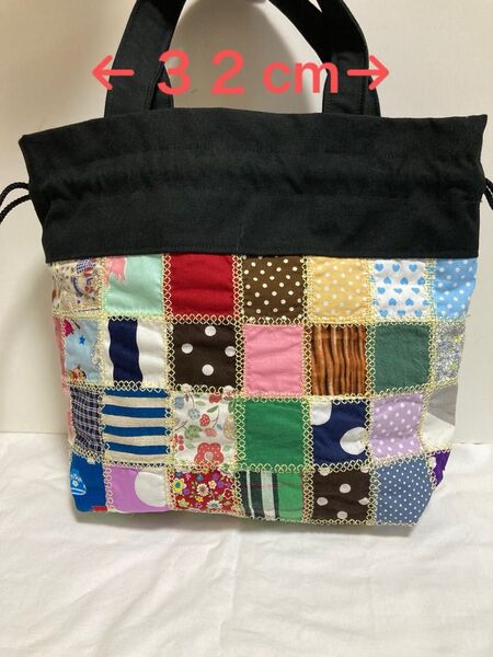 両面パッチワーク トートバック サブバック 巾着手提げバック お散歩用バック ハンドメイド