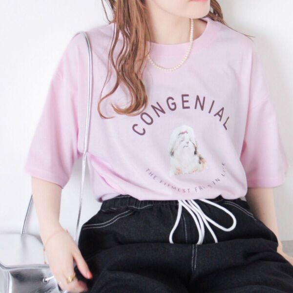 エヘカソポ わんちゃんtシャツ ロゴtシャツ Tシャツ ピンク ehka sopo シーズプリントtシャツ 新品