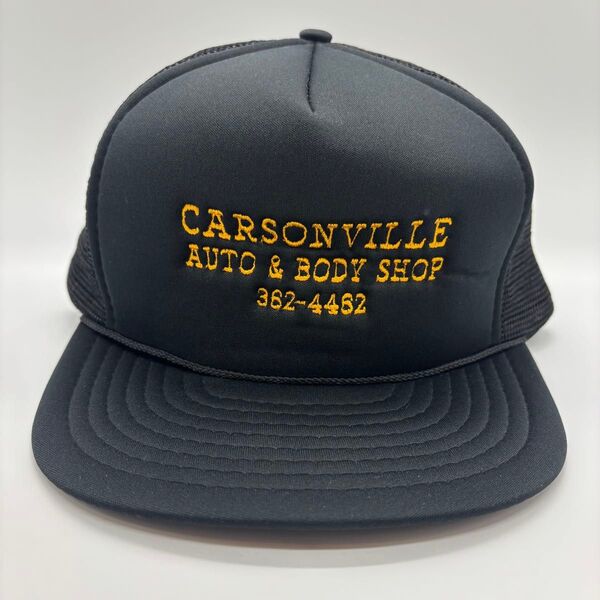90s ヴィンテージ CARSONVILLE AUTO 自動車修理 us企業刺繍ロゴ トラッカーキャップ スナップバック 5パネル