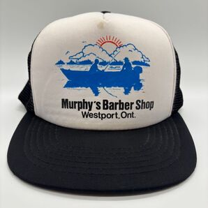 90s ヴィンテージ Murphy's Barber Shop フィッシング カナダ企業物 釣りプリントロゴ トラッカーキャップ