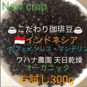 こだわり珈琲豆 カフェインレスマンデリン デカフェ珈琲 オーガニック お試し300g 中深煎り 自家焙煎コーヒー ワハナ農園