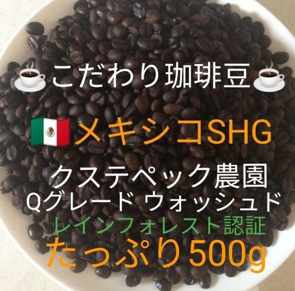 こだわり珈琲豆 メキシコSHG クステペック農園 たっぷり500g 中深煎り 自家焙煎 ウォッシュド レインフォレスト認証