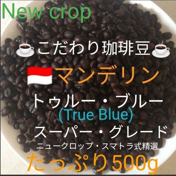こだわり珈琲豆 マンデリン トゥルー・ブルー スーパーグレード たっぷり500g 中深煎り 自家焙煎 ニュークロップ Qグレード