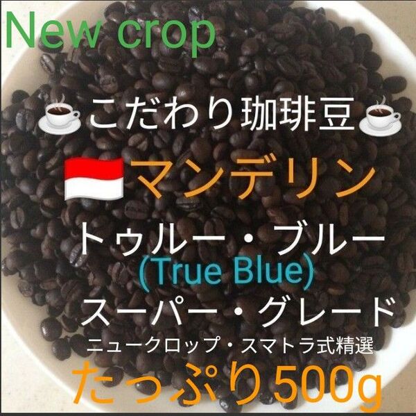 こだわり珈琲豆 マンデリン トゥルー・ブルー スーパーグレード たっぷり500g 中深煎り 自家焙煎 ニュークロップ Qグレード