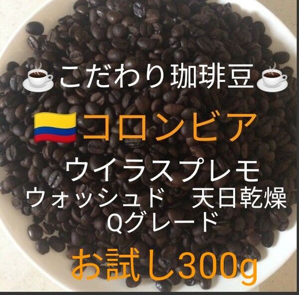 こだわり珈琲豆 コロンビア ウイラスプレモ Qグレード お試し300g 深煎り 自家焙煎 ウォッシュド 天日乾燥