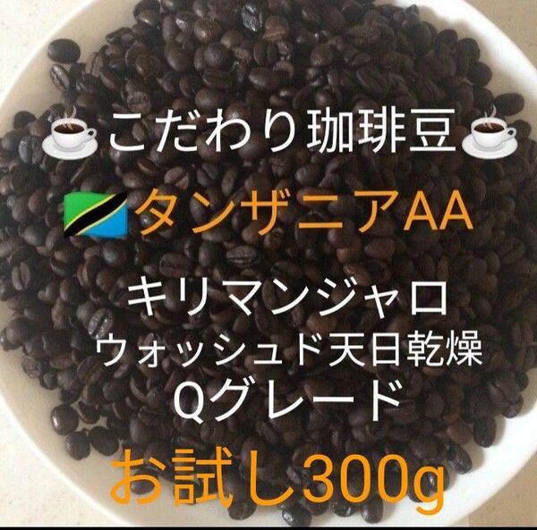 こだわり珈琲豆 タンザニアAA キリマンジャロ お試し300g 中深煎り 自家焙煎珈琲 Qグレード